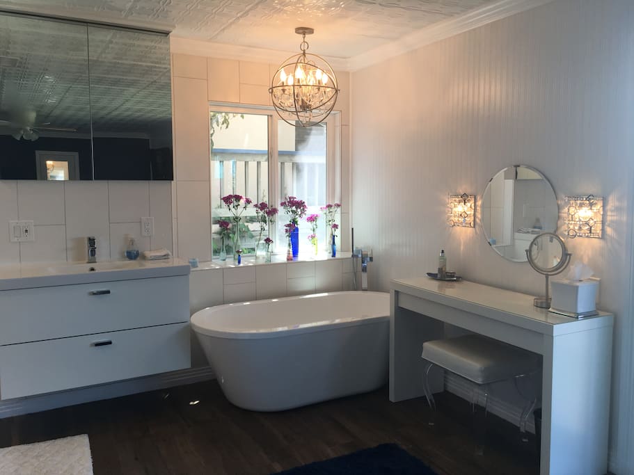Master bathroom with brand new tub, vanity sink and walk in shower.