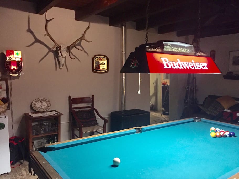 Pool table, mini fridge & games