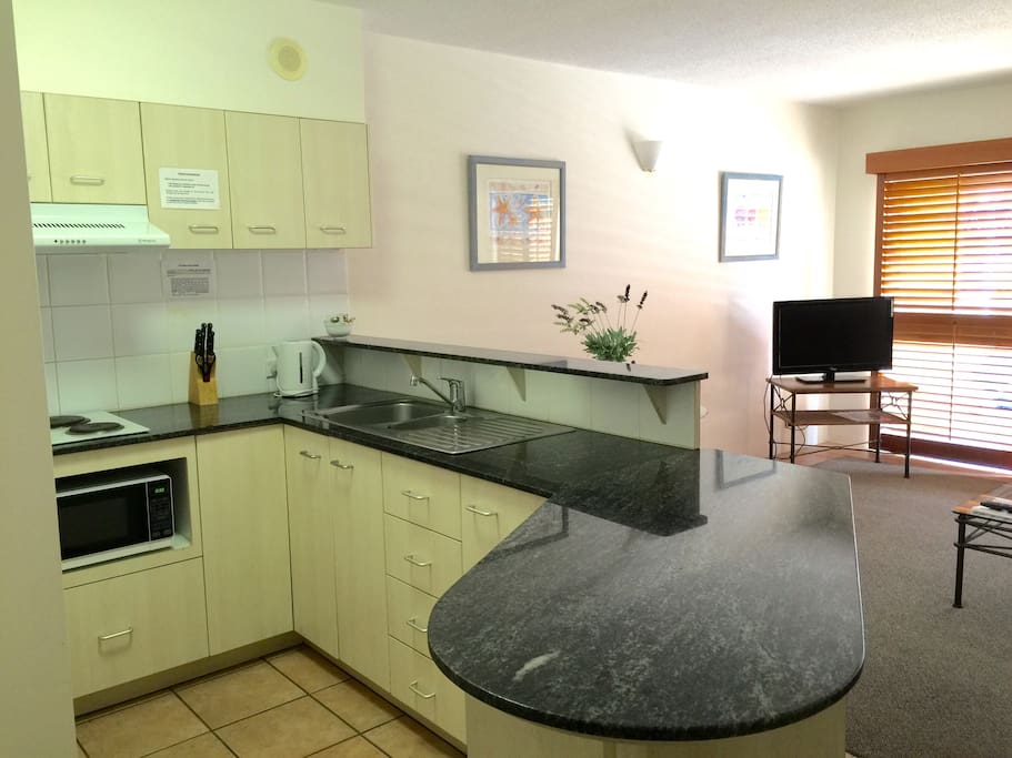 If you want to eat in, you have access to stove top, microwave, fridge and a fully equipped kitchen.