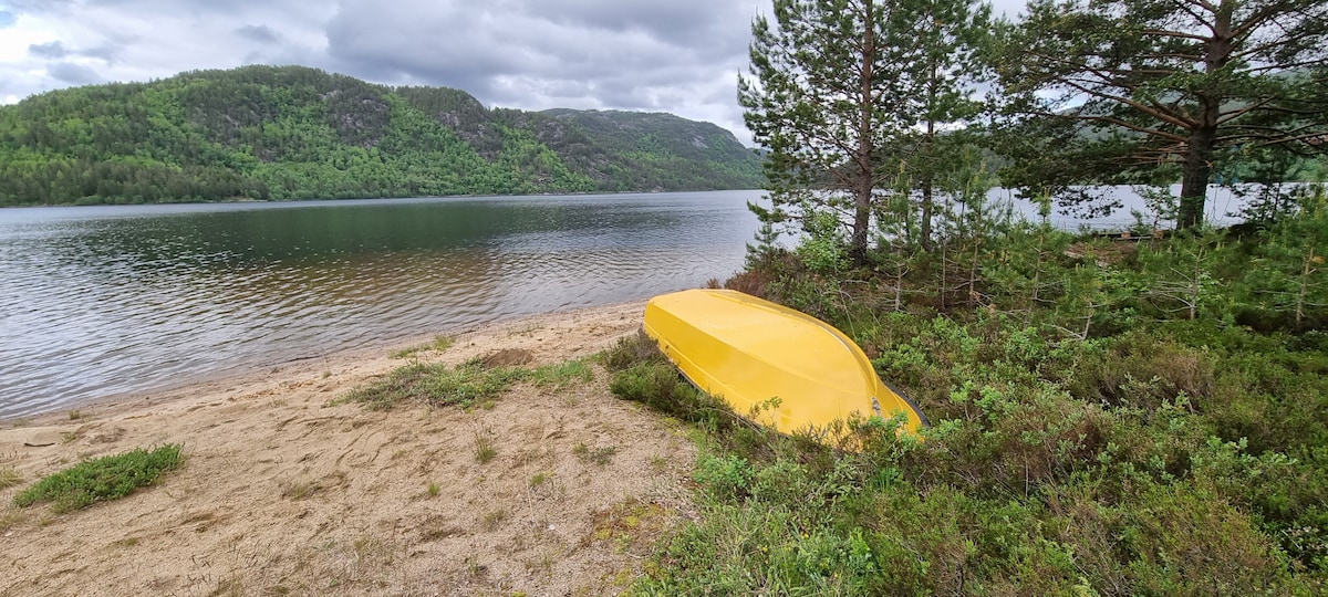 A yellow boat rests on a sandy beach by a serene lake. Surrounding greenery includes pine trees and low shrubbery. The calm water reflects the landscape, with distant hills covered in lush greenery visible across the lake.