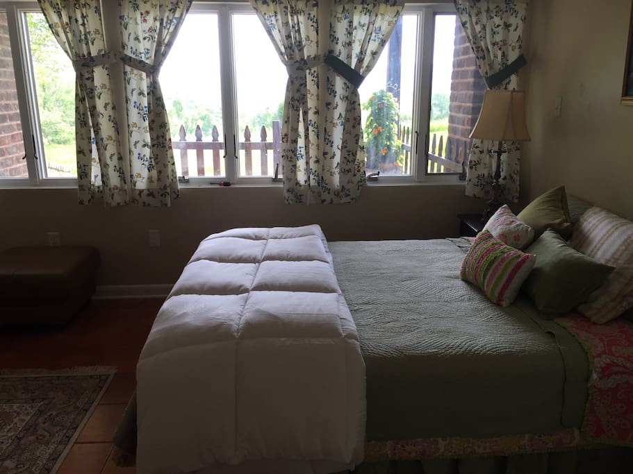 Light-filled bed room, new mattress, comfortable linens