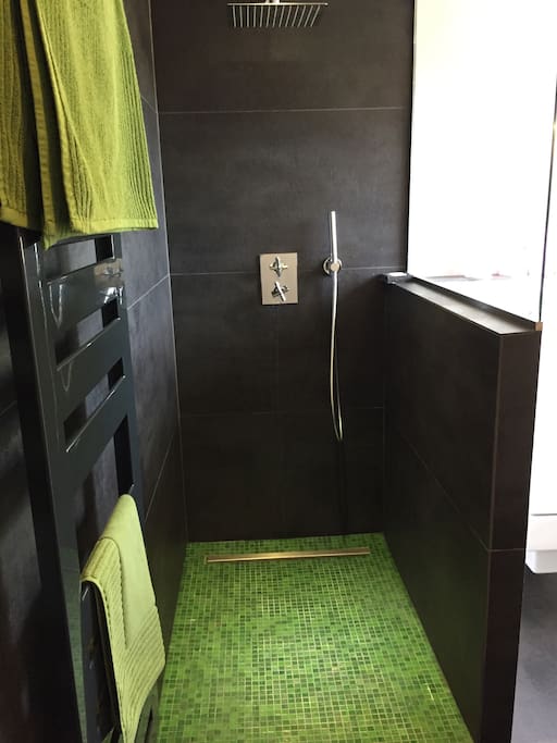 Grande douche à l'italienne dans salle de bain avec wc