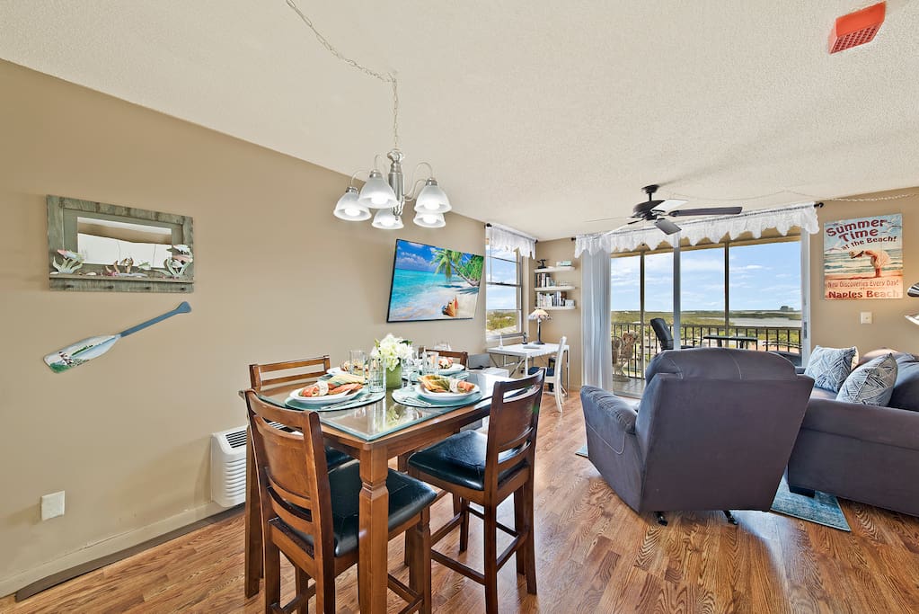 The kitchen and living area look out towards the bay and the Gulf of Mexico.
