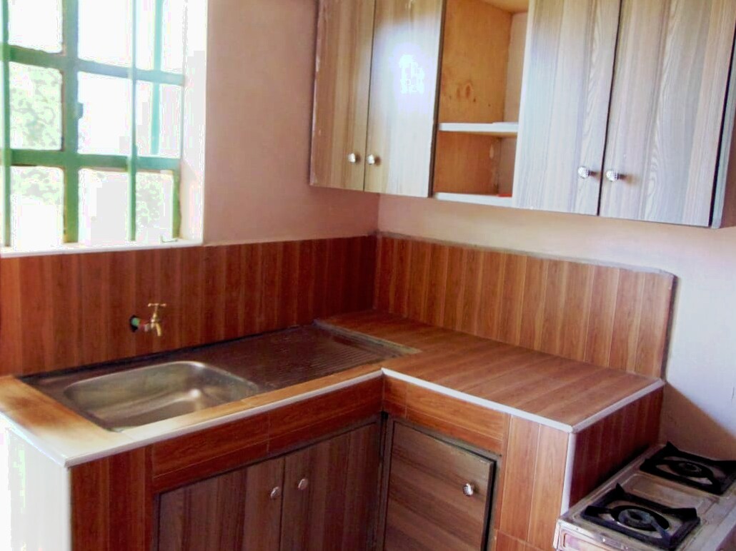A compact kitchen area is shown, featuring wooden cabinetry and a stainless-steel sink. A two-burner stove sits on the counter, with a window allowing natural light to enter. The warm wood tones create an inviting workspace.