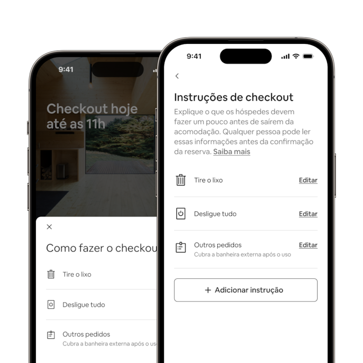 O aplicativo do Airbnb mostra o novo recurso "instruções de checkout integradas", com uma lista de tarefas de checkout comuns.