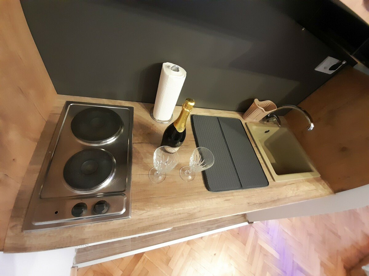 The compact kitchen features a two-burner stove and a sleek sink next to a wine bottle with two glass flutes. A paper towel roll and a dish rack are also present on the wooden countertop, creating a functional space for meal preparation.