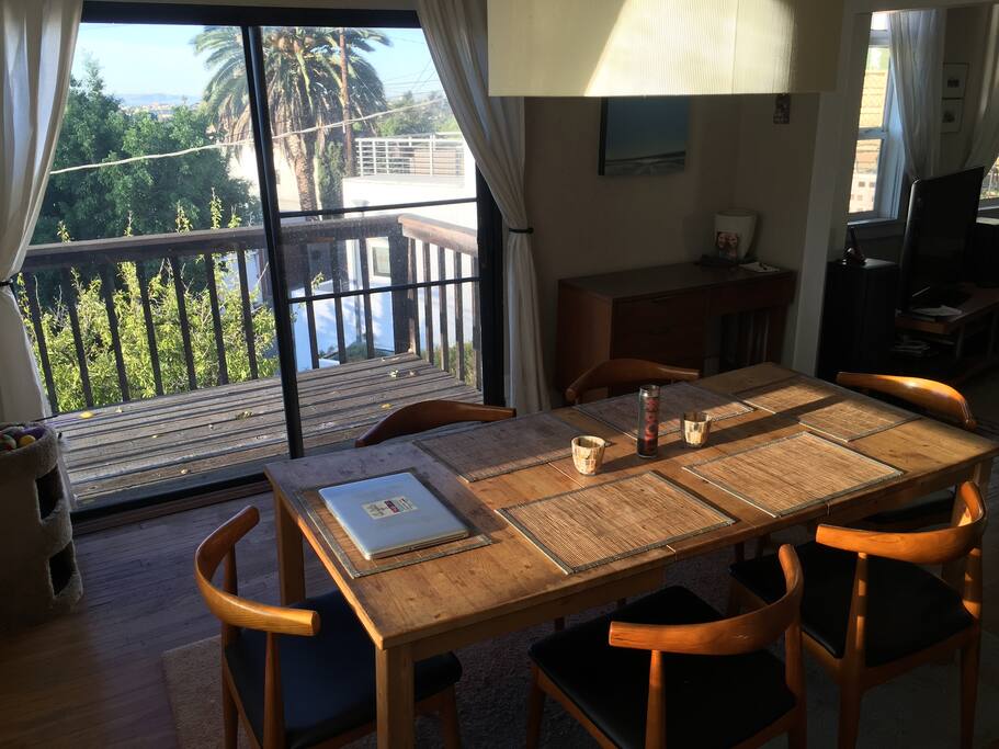 Dining room with balcony.