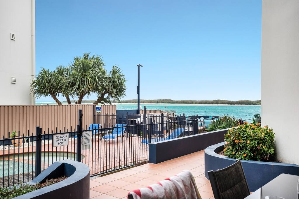 Pool-side patio with fabulous water views over Bribie Island