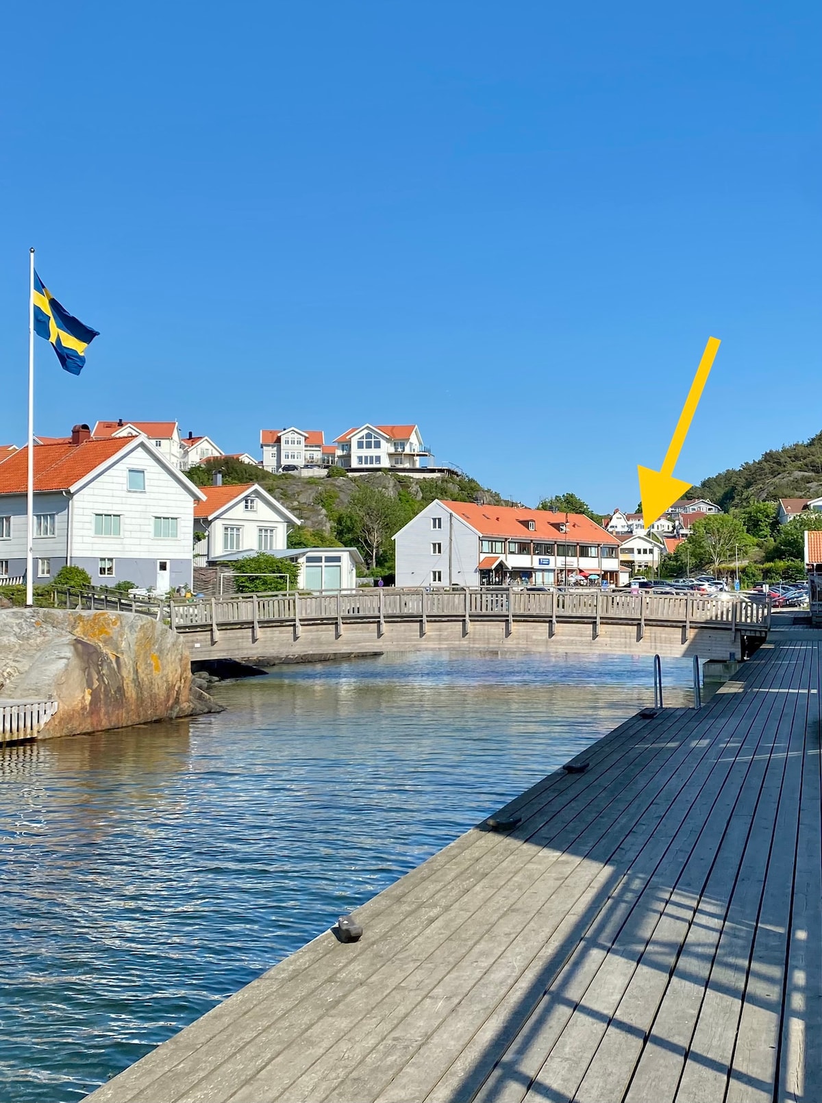 A scenic view along a wooden boardwalk leading into calm waters, with classic Nordic houses in the background. A Swedish flag stands tall near the pier, and a vibrant red-roofed building is highlighted by an arrow, showcasing the charm of the coastal landscape.