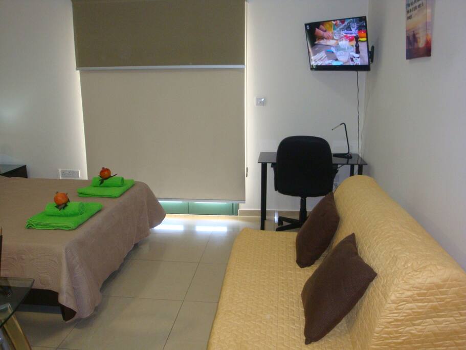 The T.V (LED, 32'',full HD), the desk, the office chair, the special light and the double window blinds.