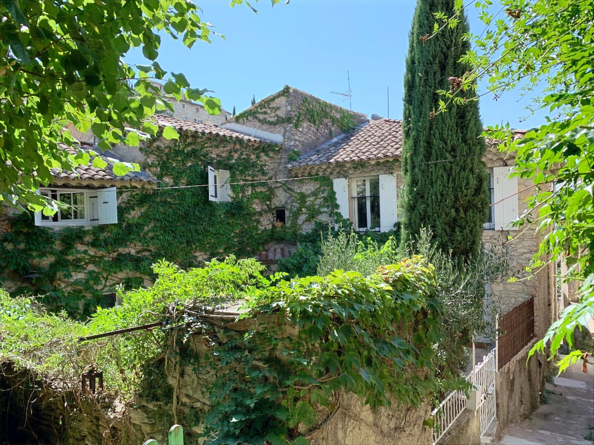 A charming view of the property showcases lush greenery and climbing vines enveloping the exterior walls. The traditional architecture features terracotta roofing and white window shutters. The surrounding foliage adds a sense of privacy and tranquility to the inviting entrance.