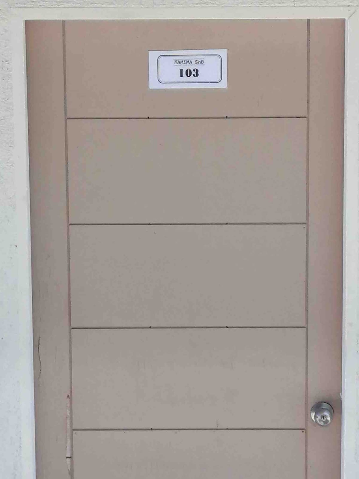 A simple wooden door is shown, identified by a sign reading 'Room 103' mounted above the handle. The door has a smooth, light beige finish with horizontal paneling, complementing the surrounding wall.
