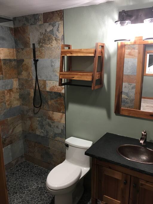 Spa rain shower with heated floors