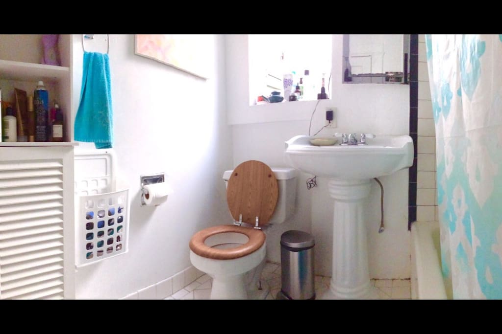 There is storage space in the bathroom to store shower and hygiene related items.