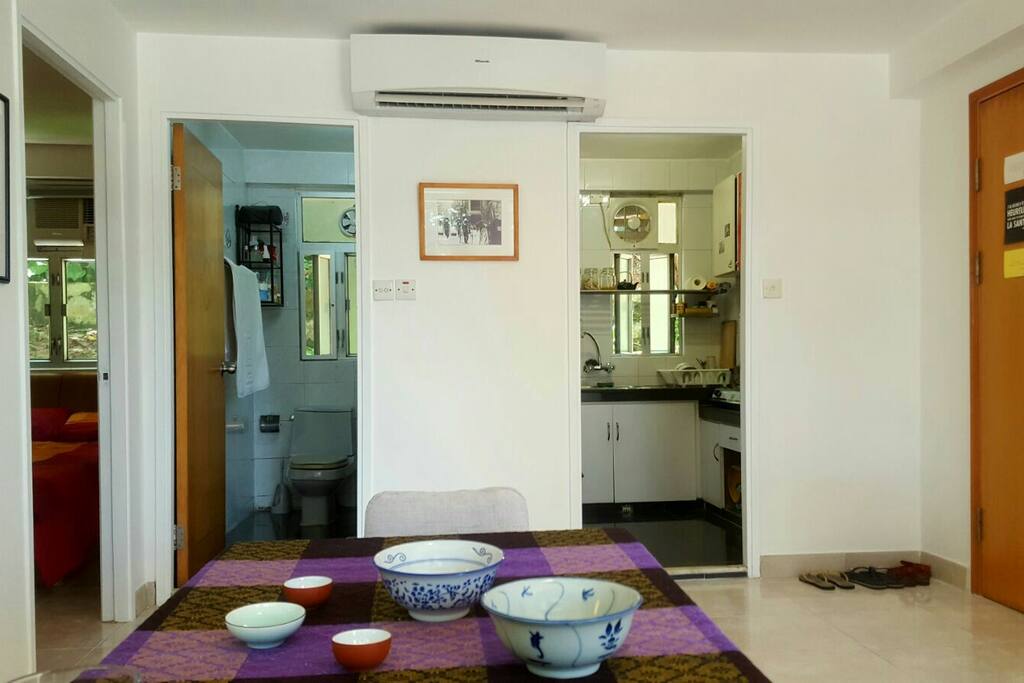 Kitchen (right) and bathroom (left) view from the living room