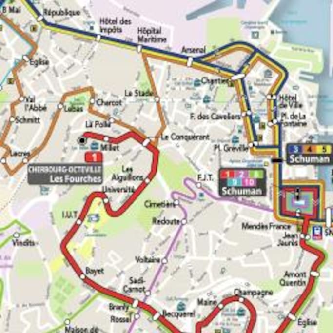 plan de bus pour aller au bateau. Arrivé à la gare, il faut traverser en face à l'arrêt de bus, prendre la ligne 3 direction brécourt, s'arrêter l'arrêt chantier et prendre le bus 5 direction les flamands et s'arrêter à l'hôtel de ville descendre et en face le port.