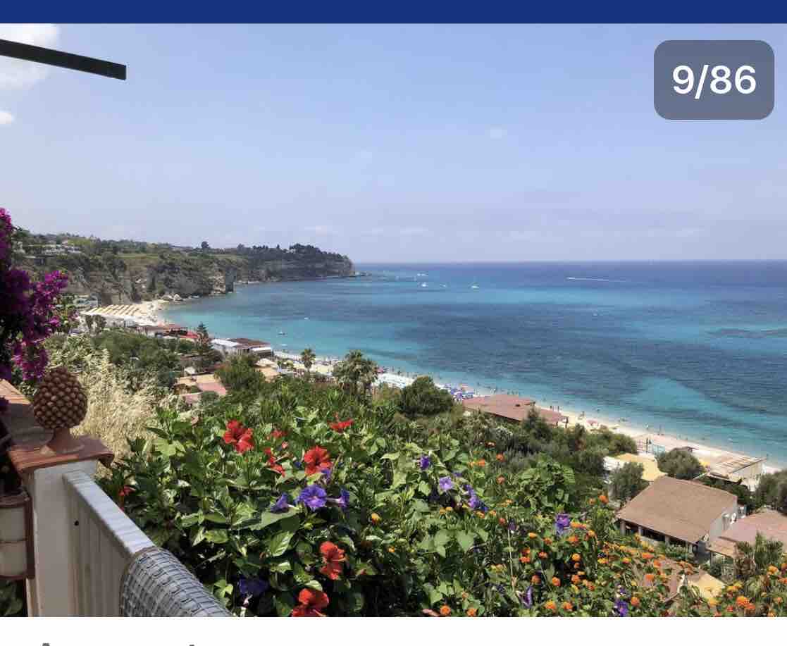 A panoramic view of the coastline is presented, featuring vibrant flowers in the foreground. The blue sea extends toward the horizon, revealing sandy beaches and distant hills along the shore. Small boats can be seen on the water, enhancing the picturesque landscape.