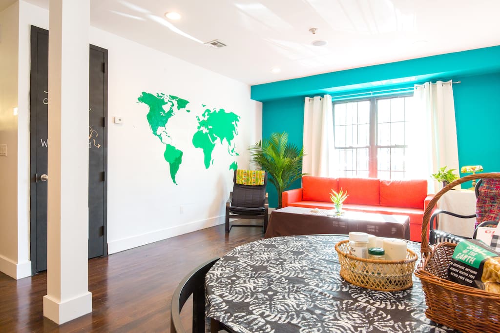 Open concept Living/Dining Room
Has a world map mural, so guests can put a pin where they are from!