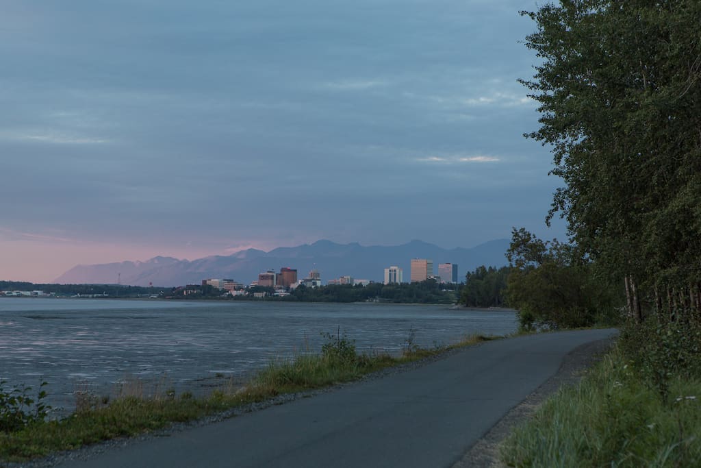 The beautiful 11-mile multi-use Coastal Trail. This view is only a few blocks from our place. The trail connects directly to downtown Anchorage for a lovely summer walk (watch for moose)!