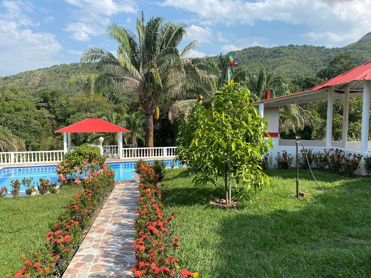 A pathway of stone pavers leads through a vibrant garden featuring blooming flowers and a grassy area. A pool is visible in the background, surrounded by palm trees and a covered seating area with a red roof, all framed by lush hills.