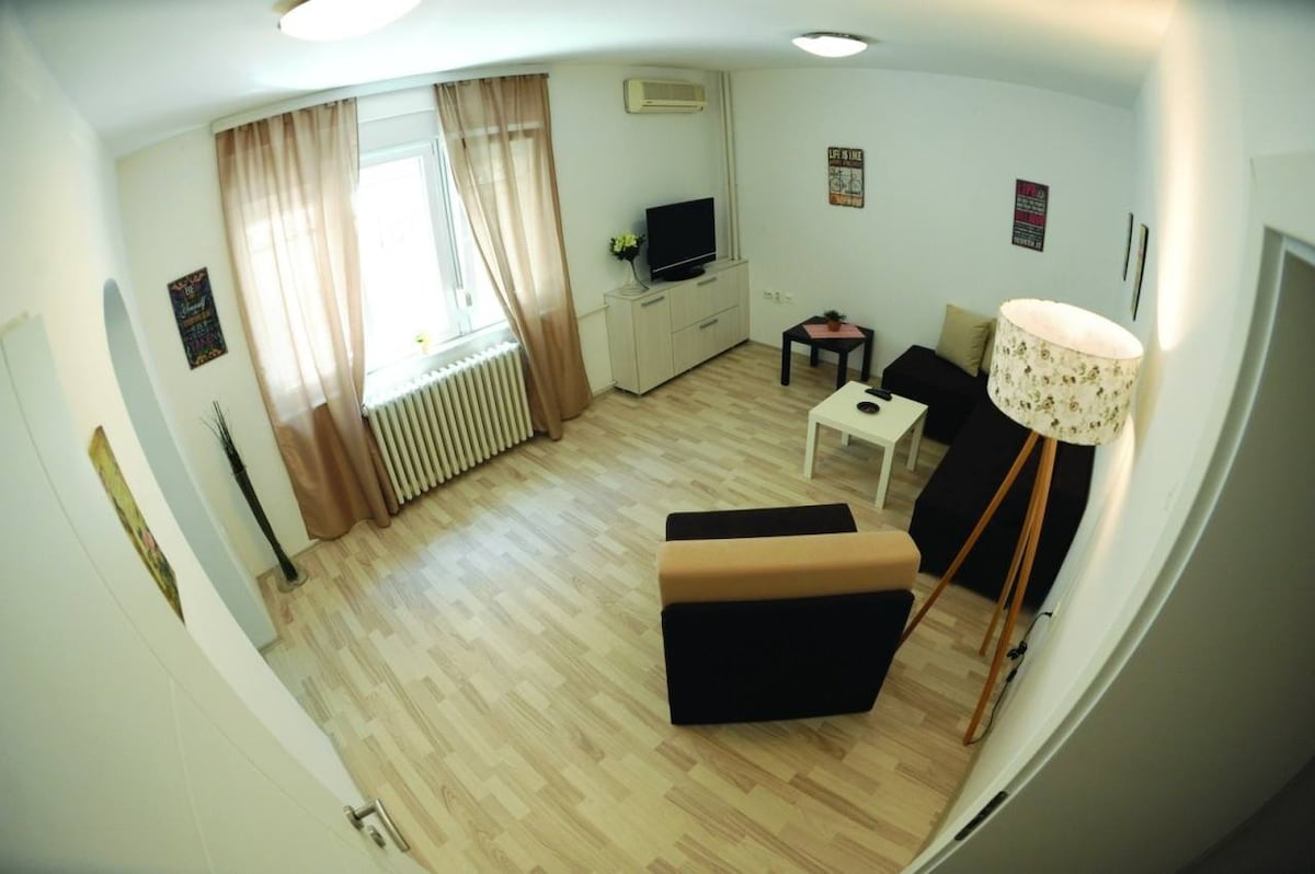 A well-lit living area features light-colored wooden flooring and large windows with sheer curtains. A black sofa and a light brown armchair are arranged around a coffee table. A television is mounted on the wall, and a decorative lamp stands beside the seating area.