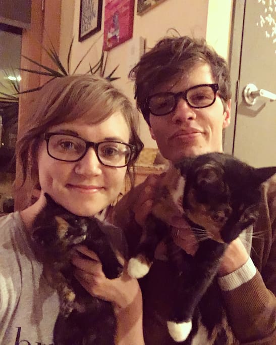 Myself, my husband, Todd, and our two cats, Osa (left) and Shmeep (right).