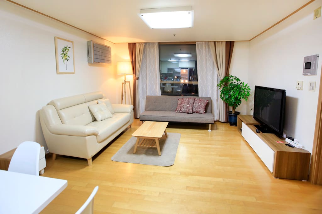 The living room has a sofa and a television.