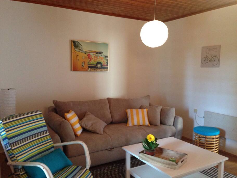 Charming living room with a pull out sofa which turns into comfortable bed