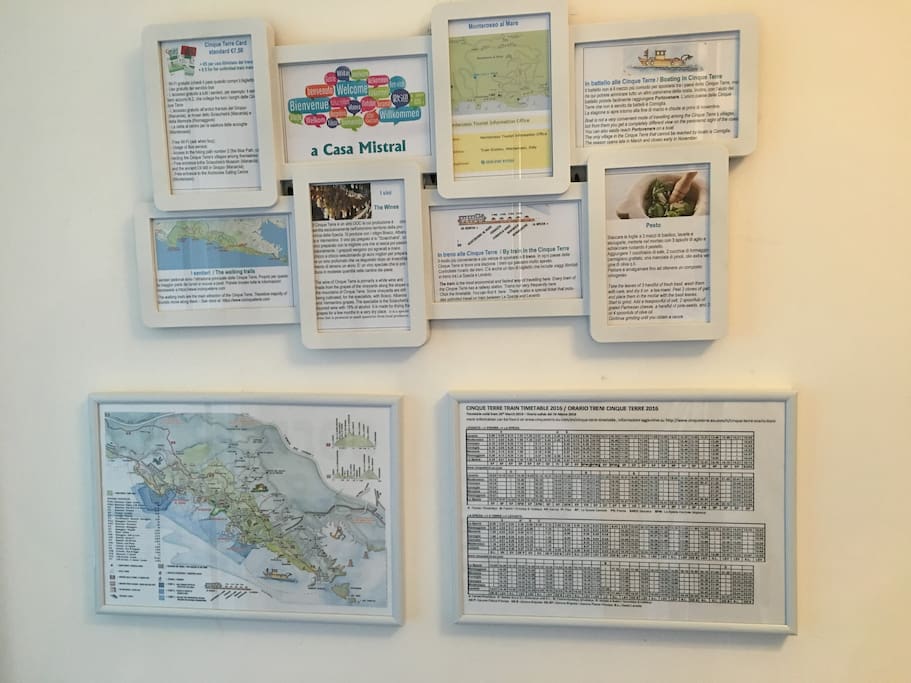 We like to welcome our guests with a mosaic of useful information about Monterosso and the Cinque Terre. Feel free to consult the train schedule, the map, some historical facts and much more.