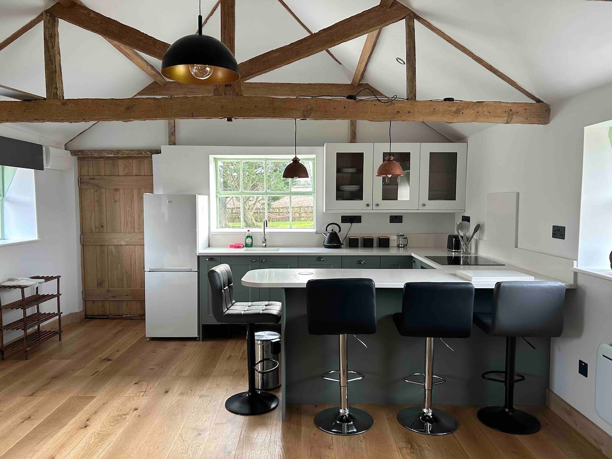 An open-plan kitchen area highlights wooden ceiling beams and high-bar seating for four, complemented by modern black and copper pendant lights. A spacious counter is equipped with contemporary appliances, including a fridge and kettle, while a window offers a view into the surrounding greenery.
