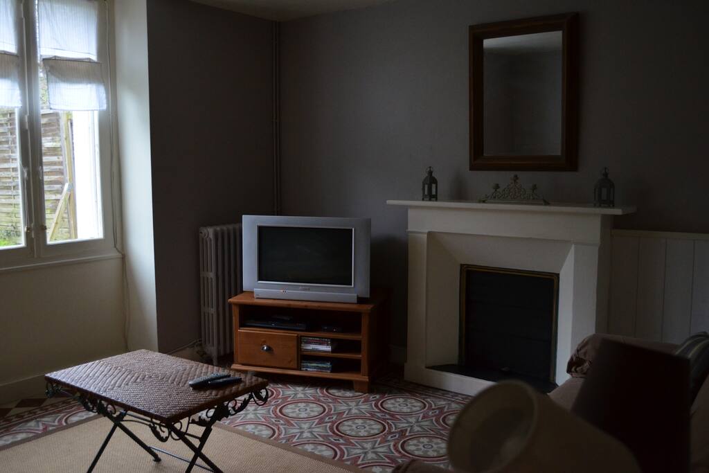 Salon avec deux canapés dont un clic-clac, téléviseur, lecteur DVD et mini chaine hifi.