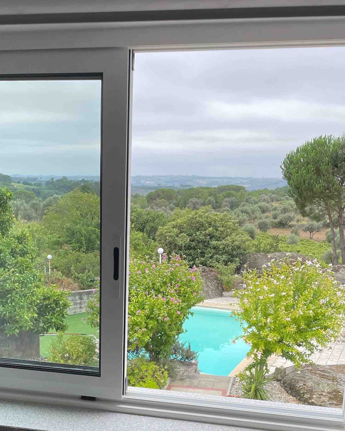 A view from a window showcases a serene outdoor space featuring a swimming pool surrounded by lush greenery. Trees and shrubs are visible, contributing to the tranquil landscape, with distant hills in the background under an overcast sky.