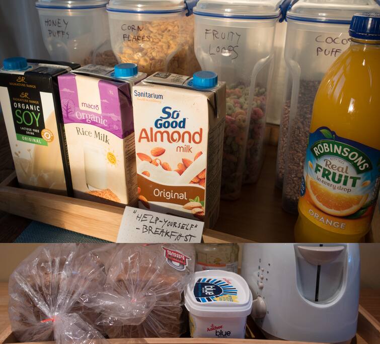 Help yourself breakfast, cereals on counter, milk in fridge, toast in freezer.