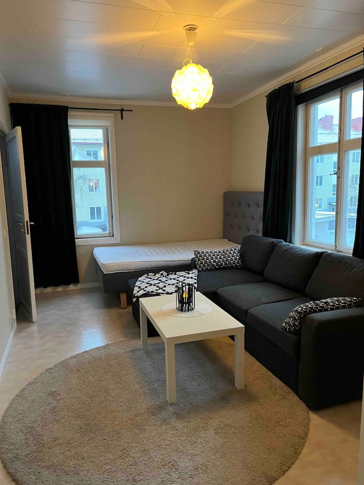 Habitación arriba con sofá cama, cama, inodoro al lado de la habitación