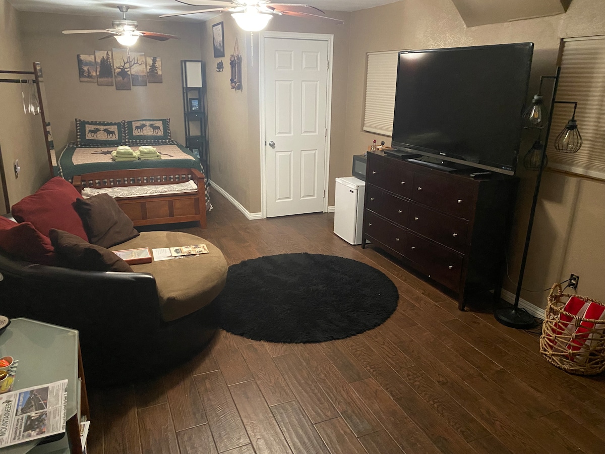 A cozy living space is displayed, featuring a spacious bed and a dark wooden dresser. A large television is mounted on the wall. A brown circular rug anchors the seating area, which includes a comfortable sofa adorned with accent pillows. Two windows provide natural light.