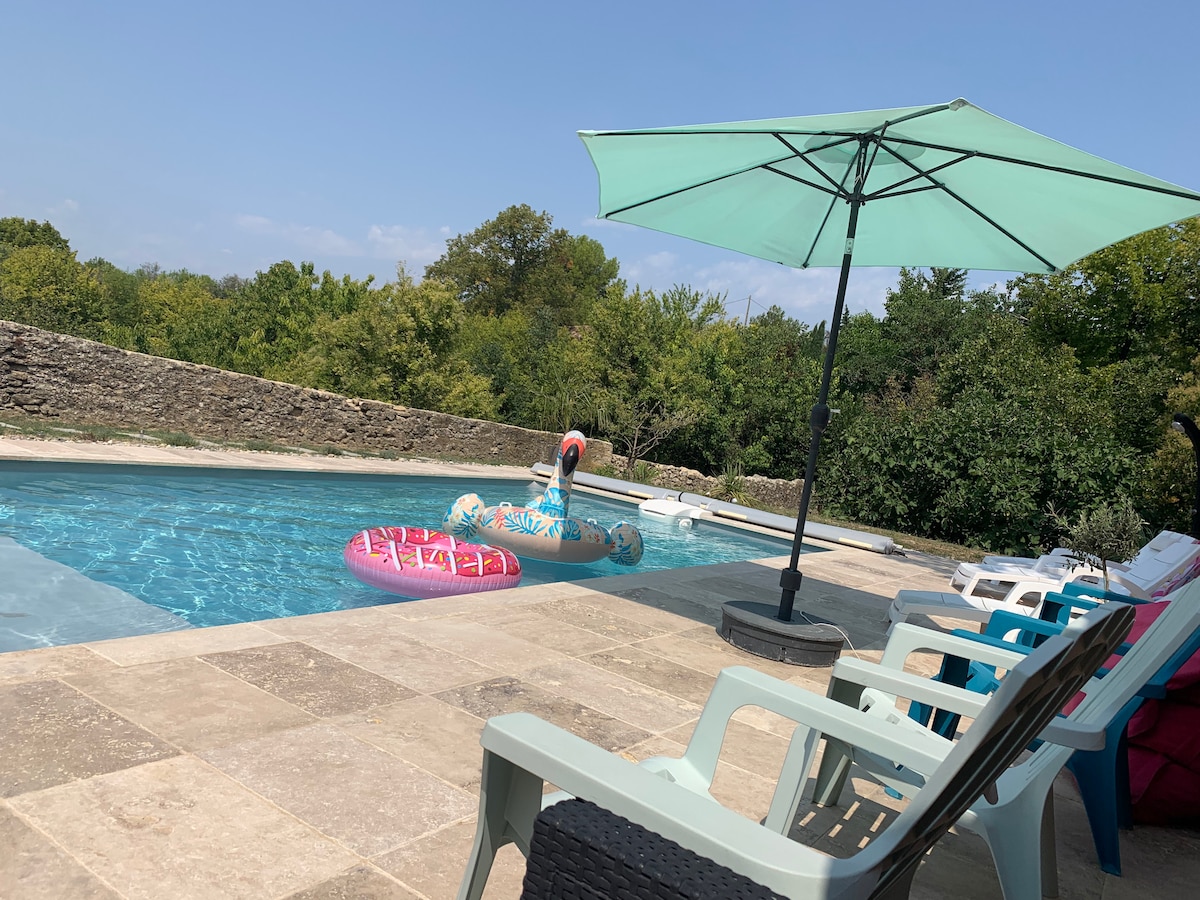 A tranquil pool area is highlighted by a large umbrella providing shade. Colorful inflatable floats are positioned in the water, while comfortable lounge chairs surround the pool on the stone patio, offering ample space for relaxation and enjoyment.