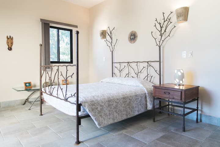 Our Queen Jungle Suite with full bath has a balcony and a view of the jungle beyond.