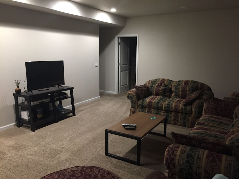 Basement living room. Guests can make themselves at home in this comfortable space. Tv does not have satellite, but guests can access Netflix and other online options.