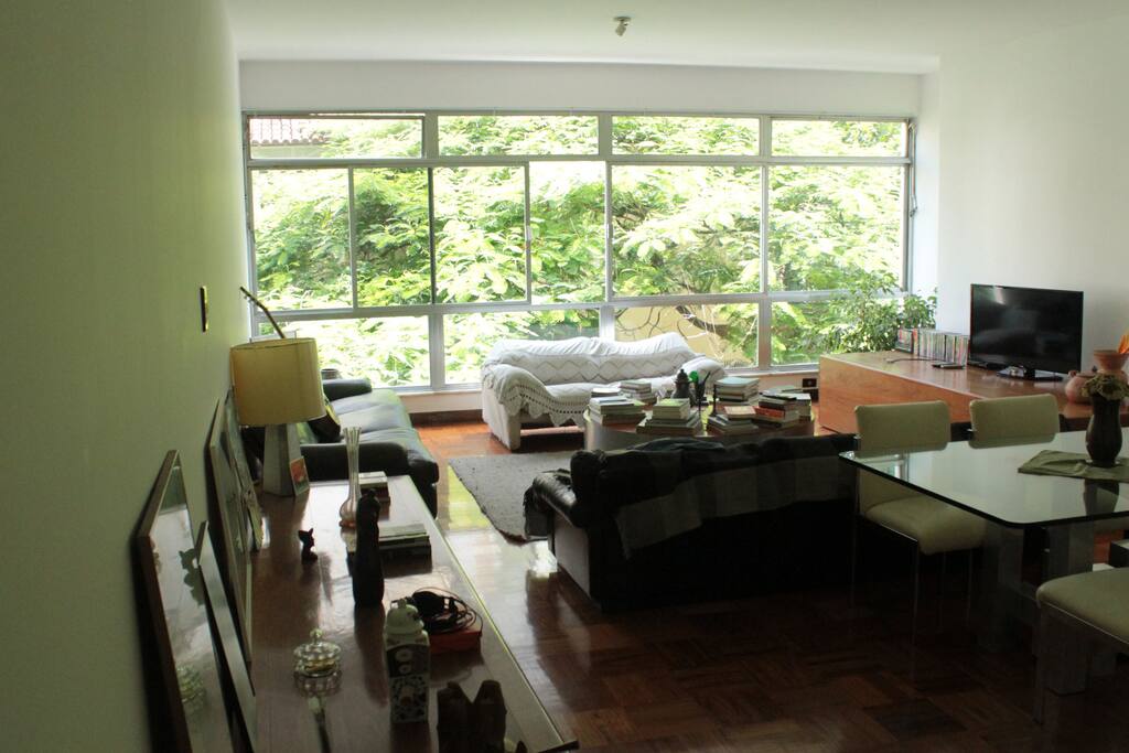 Sala grande, janela ampla. Big living room, large window.