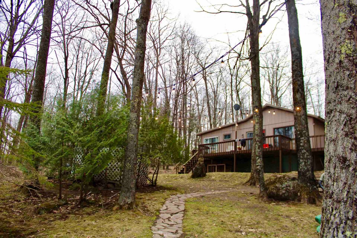 A path made of stone leads through a natural landscape of trees to a cabin with a deck. The cabin is nestled among the woods, featuring a patio area with seating. The surroundings are marked by a mix of grass and exposed earth.