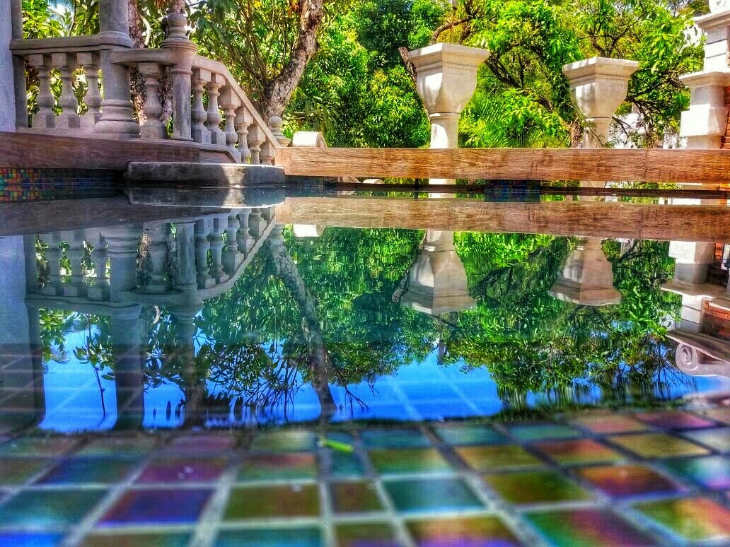The image captures the serene surface of a plunge pool, reflecting the lush greenery surrounding the area. Stone balustrades frame the pool, while sunlight dances on the water's surface, enhancing the tranquil ambiance of the outdoor space.