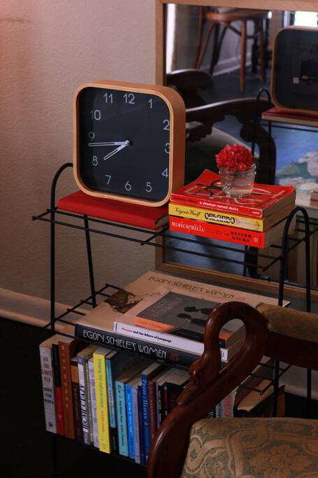 Books, books, and more books. Don't ask the time. That clock is decorative.