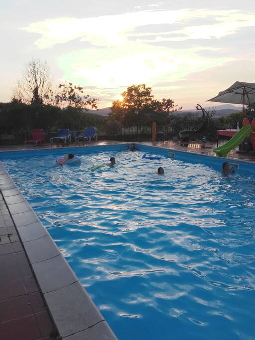 Grande piscina dotata di sdraio ombrelloni zona barbecue e gazebi coperti
