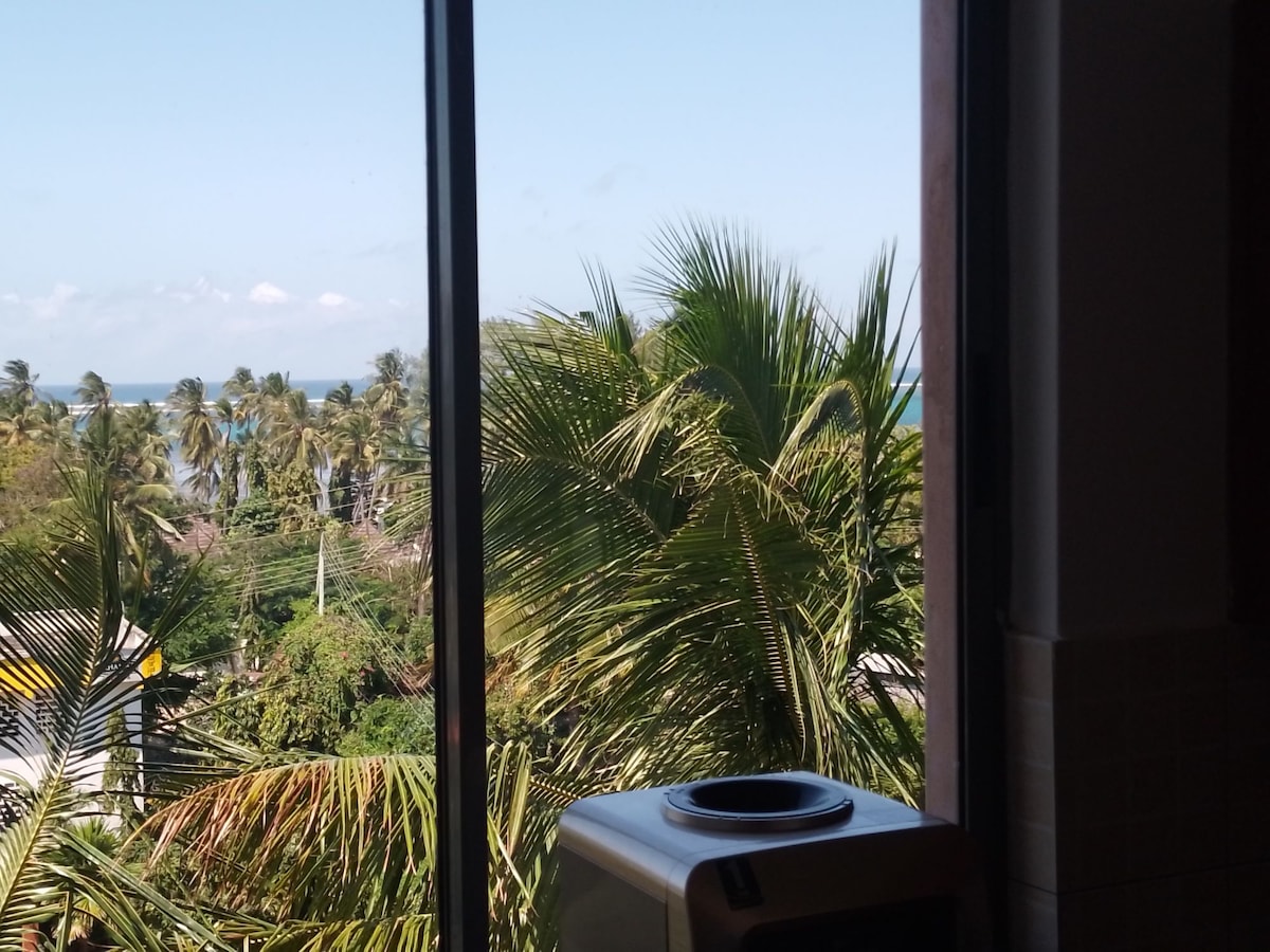 A clear view from a window showcases lush palm trees and the distant ocean. Natural light filters through, highlighting the vibrant greenery outside. An air conditioning unit is positioned in the foreground, complementing the serene coastal landscape.