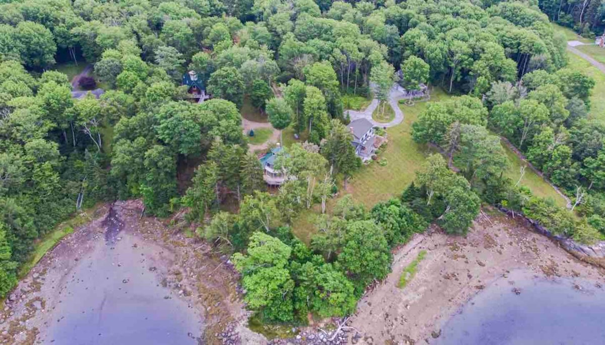 An aerial view reveals a lush landscape surrounding a coastline, with abundant trees and greenery punctuating the property. The shoreline features a mix of sandy and rocky areas gently meeting the water, providing a serene and natural setting for relaxation and exploration.