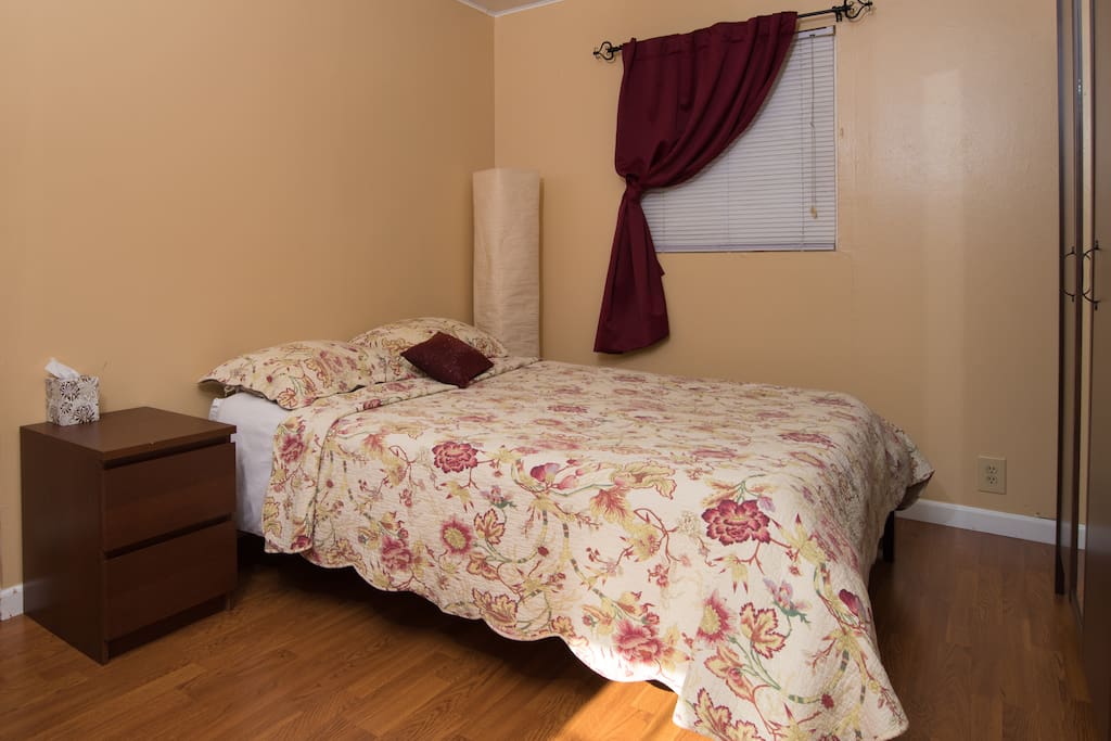 Full size bed with a comfortable memory foam matress.
