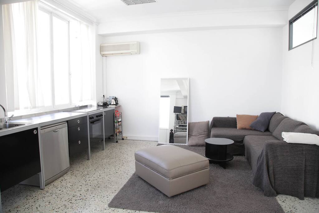 living area / kitchen (view of lycabettus hill through the tall windows)(5th floor)
