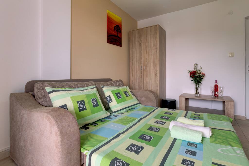 There is a sofa in living/sleeping area. Linens are changed regularly, as well as towels.