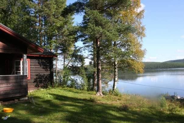 A rustic cabin is positioned near a calm lake, surrounded by tall trees and lush greenery. The structure features large windows that offer views of the water. The serene landscape reflects a peaceful atmosphere, inviting relaxation in nature.
