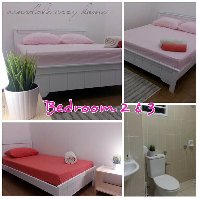Queen size bed in bedroom 2 and single size bed in bedroom 3, with airconds, pillows, blankets and towels. Shared bathroom.